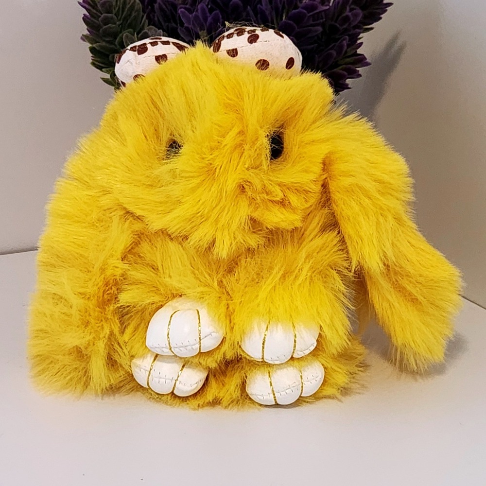 Yellow Faux Fur Bunny Keychain Plush Bag Charm Polka Dot Bow 5 Inch